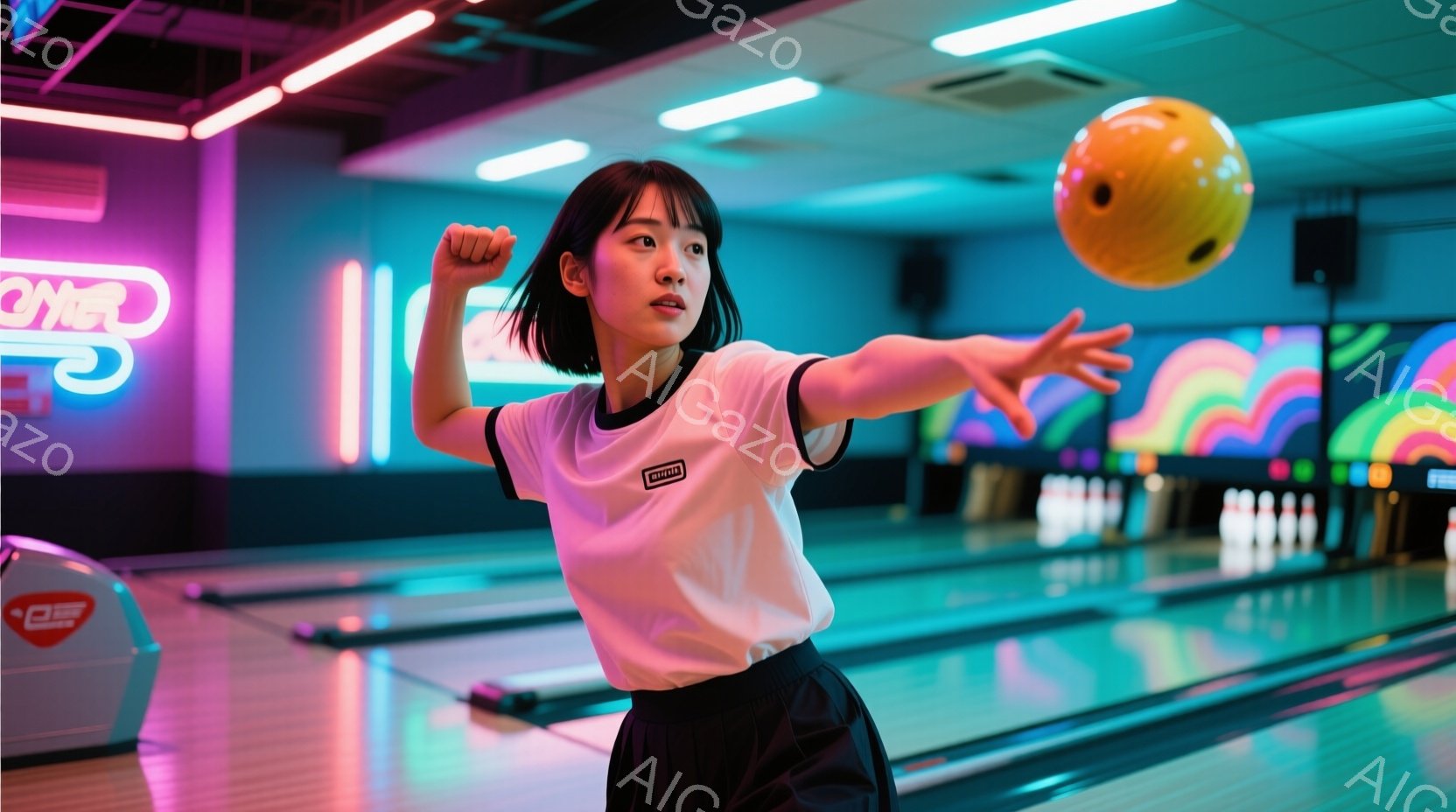 ボウリング場で女性がボウリングのボールを投げている瞬間を捉えた写真です。彼女は白い襟付きシャツと黒いパンツを着用し、髪は肩までの長さで、やや横に流しています。背景にはカラフルなネオンライトとボウリングのレーンが見え、活気のある雰囲気が漂っています。