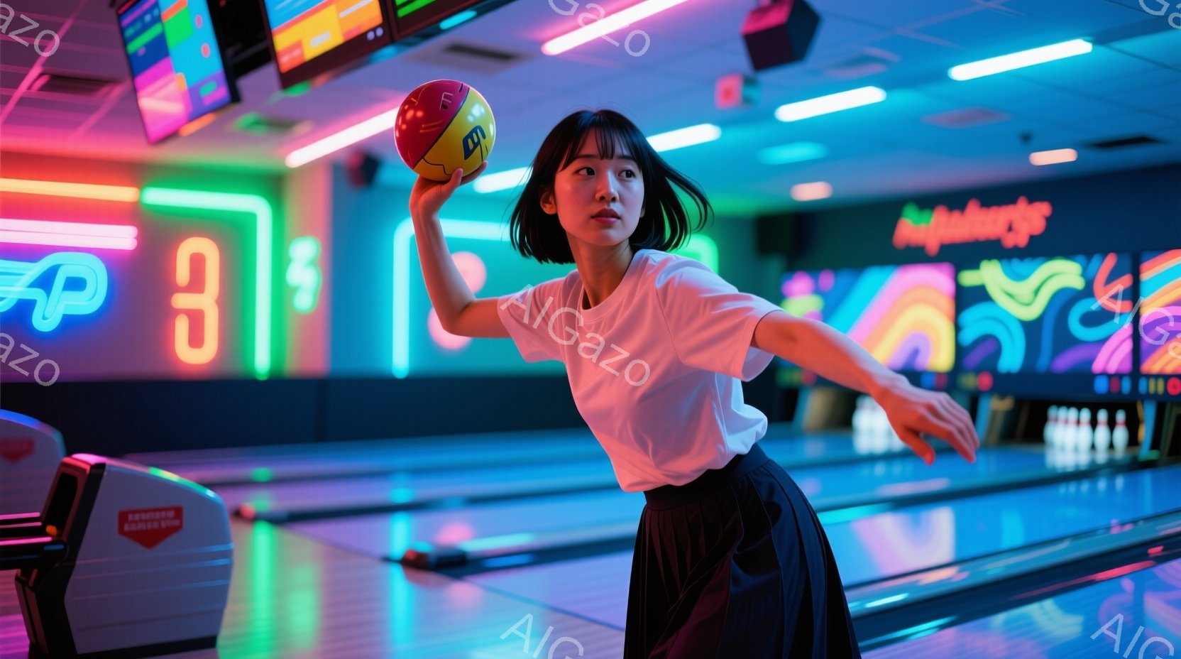 ボウリング場でボウリングの構えをする若い女性が写っています。彼女は白いTシャツと濃い紫色のスカートを着用し、黒髪を肩の長さでカットしています。背景にはネオンライトで照らされたレーンとピンが並び、活気のある雰囲気です。