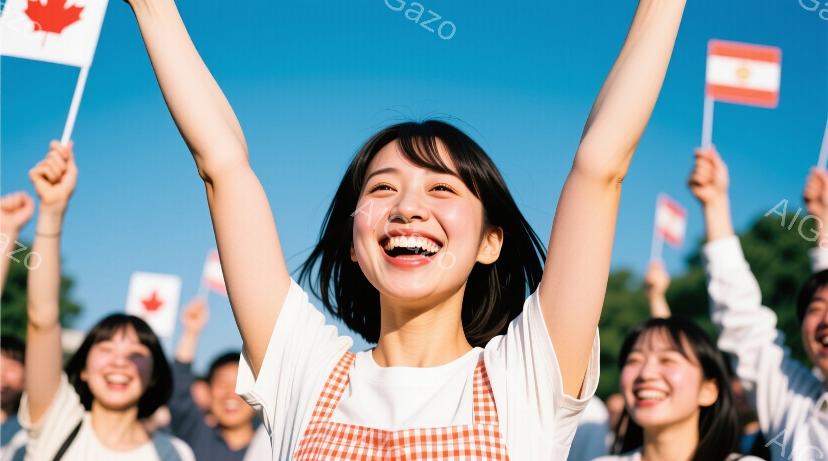 画像の中心には、明るい笑顔を浮かべた若い女性がいます。彼女は白いTシャツと赤いギンガムチェックのオーバーオールを着ており、黒髪を肩の長さでカットしています。背景には、カナダの国旗を振る人々や緑豊かな木 - AI生成フリー素材