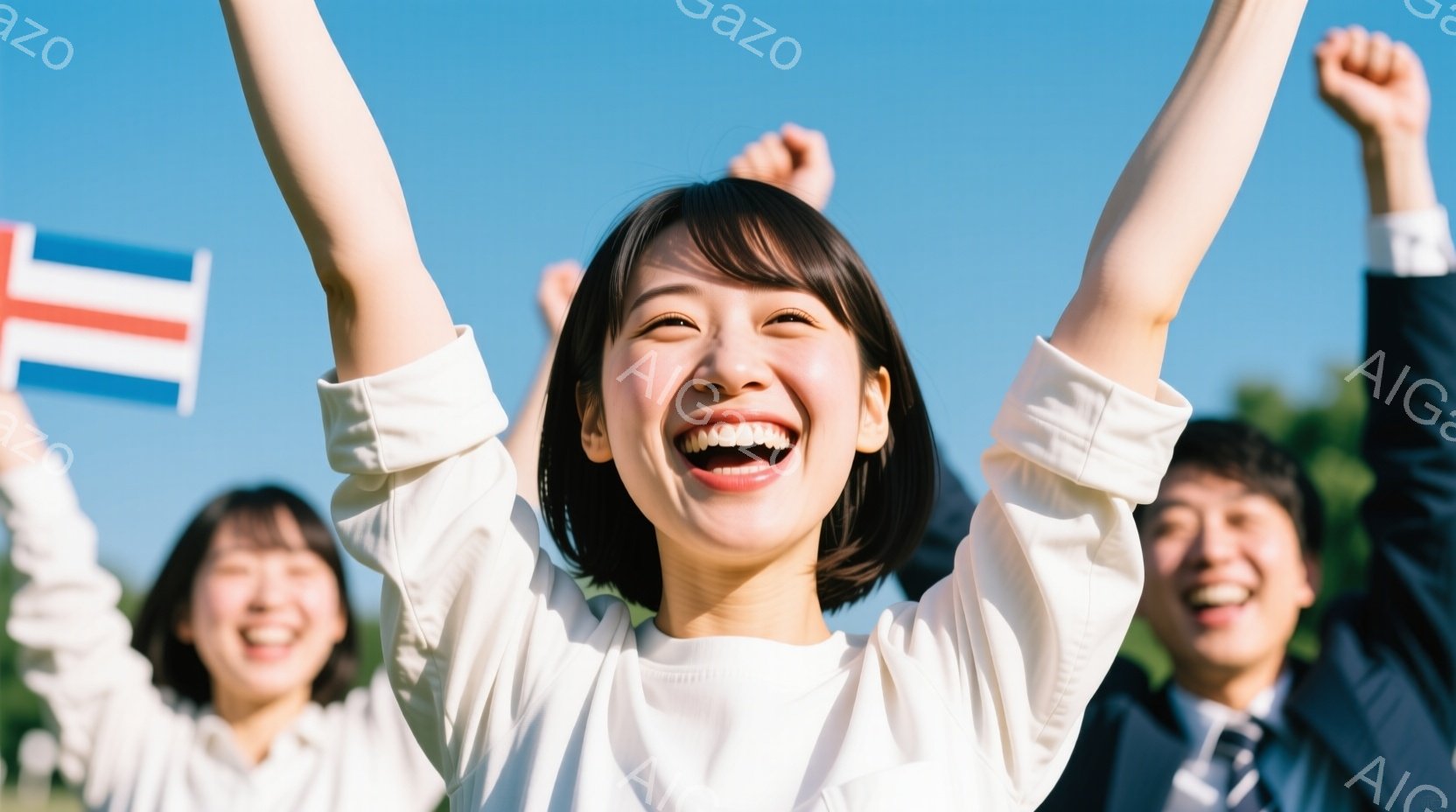 画像の中心には、短い黒髪で笑顔の女性がいます。彼女は白いシャツを着て、両手を高く上げて歓喜しています。背景には青空と緑の木々が見え、他の人々も同様に喜んでいる様子で、全体的に明るく活気のある雰囲気です - AI生成フリー素材