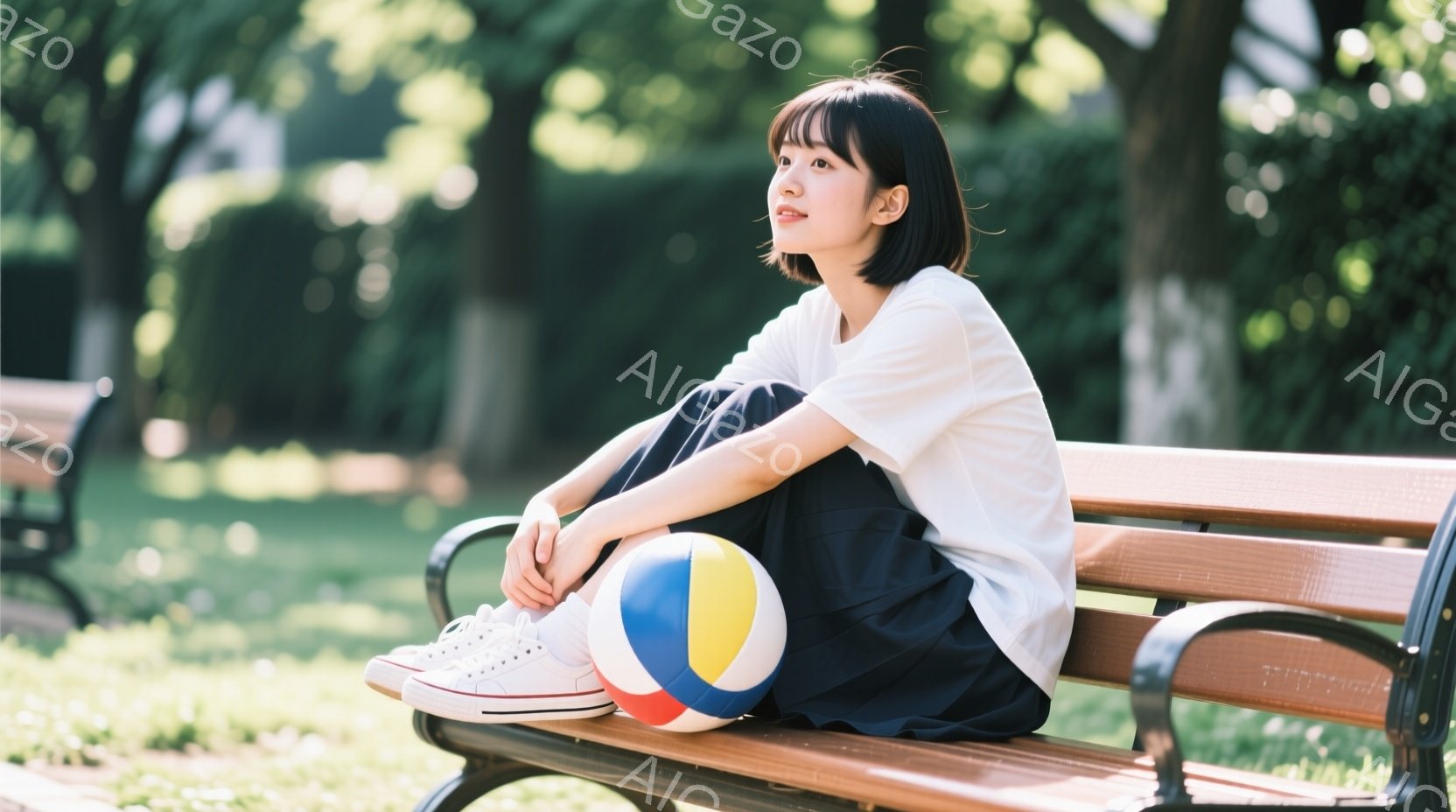 短い黒髪の女性が公園のベンチに座っており、白いTシャツと濃い青色のパンツを着用しています。彼女は少し上目線で遠くを見つめ、リラックスした様子で膝を抱え、足元にはバレーボールが置かれています。背景には緑 - AI生成フリー素材