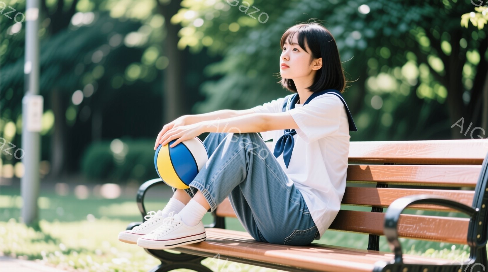 短い黒髪の女性が公園のベンチに座っており、白いシャツにデニムパンツ、白いスニーカーを履いています。彼女は膝を抱え、少し物憂げな表情で遠くを見つめています。背景には緑豊かな木々と太陽の光が差し込み、穏や - AI生成フリー素材