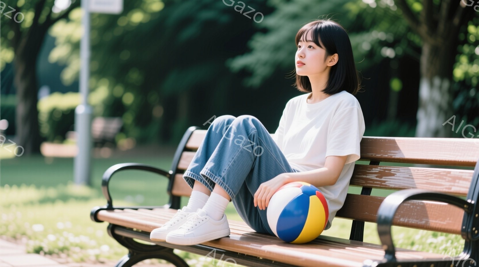 若い女性が公園のベンチに座り、膝を曲げてリラックスしたポーズをとっています。彼女は白いTシャツとデニムのジーンズ、白いスニーカーを身に着け、短めのダークブラウンヘアをしています。背景には緑豊かな木々と - AI生成フリー素材