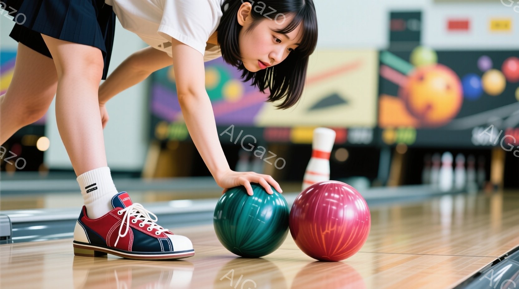ボウリング場にいる若い女性が、ボウリングのボールを手にしている様子が写っています。彼女は白いシャツと紺色のスカート、赤いボウリングシューズを履いており、髪は後ろでポニーテールに結ばれています。集中した表情でボールを見つめ、次の投球に備えているかのような姿勢です。