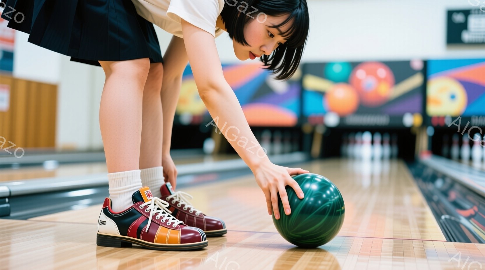 ボウリング場にいる若い女性が、緑色のボウリングボールに手を添え、投球の準備をしている様子が写っている。彼女は白いシャツに紺色のプリーツスカート、赤と紺のボウリングシューズを履いており、ソックスも白である。背景にはカラフルなレーンと、ピンが並んでいるのがぼんやりと見える。