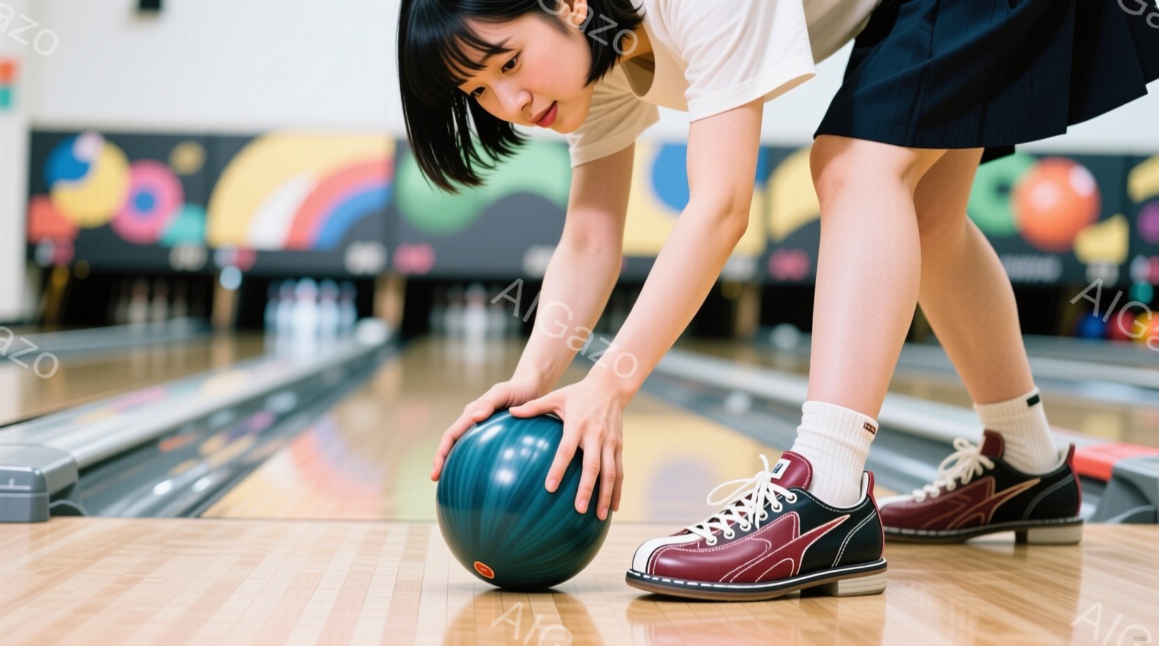 ボウリングのレーンで、若い女性がボウリングの球をリリースする直前の姿勢をとっています。彼女は白いTシャツと紺色のショートパンツ、赤いボウリングシューズ、白い靴下を履いており、黒髪のショートボブスタイルです。背景にはカラフルな抽象的な模様があり、明るく活気のある雰囲気が漂っています。
