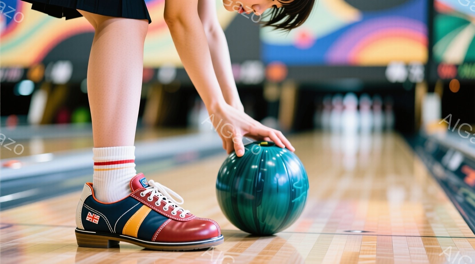 ボウリングのレーンに、女性の足とボウリングボールが写っている。女性は赤い靴に白いソックスを履き、ピンク色のスカートをはいている。彼女はボールに手を添え、投げる準備をしているようで、レーンは木目調で、背景にはカラフルな照明がぼやけている。