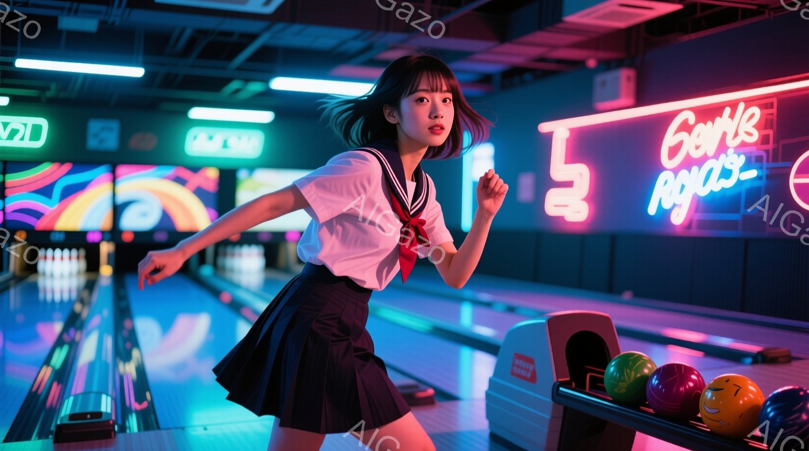 ボーリング場を背景に、制服を着た若い女性が写っています。彼女は黒い髪をサイドに流し、赤いリボンを結んでおり、真剣な表情でボーリングの球を投げる動作中です。背景にはカラフルなネオンライトが点滅し、ボーリ - AI生成フリー素材