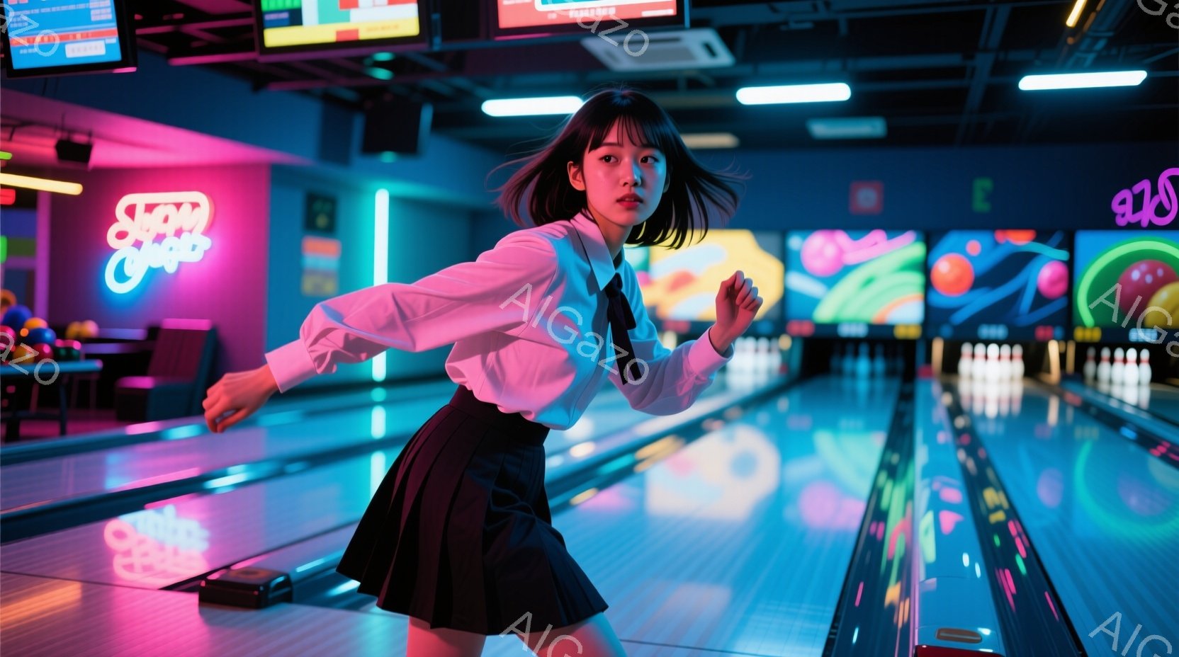 ボウリング場にて、制服姿の若い女性が勢いよくボウリングの球を投げる瞬間が捉えられている。白いブラウスと紺色のプリーツスカート、リボンタイが特徴的で、髪は肩までの長さで軽くカールしている。背景にはカラフルな照明とレーンが広がり、活気と若々しいエネルギーに満ちた雰囲気である。
