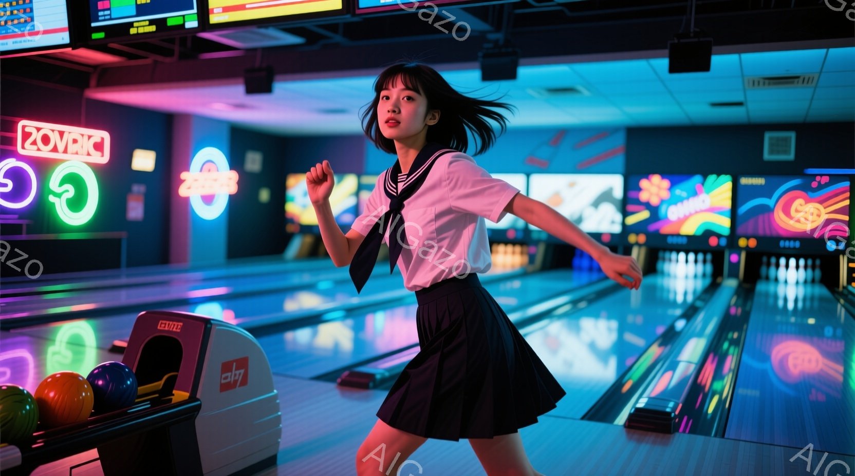 ボウリング場を疾走する若い女性が写っています。彼女は白いブラウスに黒のプリーツスカート、そしてリボンを結んだセーラー風のネクタイ姿で、髪は肩まで伸びたストレートヘアをしています。背景はネオンライトが輝くボウリング場であり、鮮やかな色彩と躍動感に満ちた雰囲気です。
