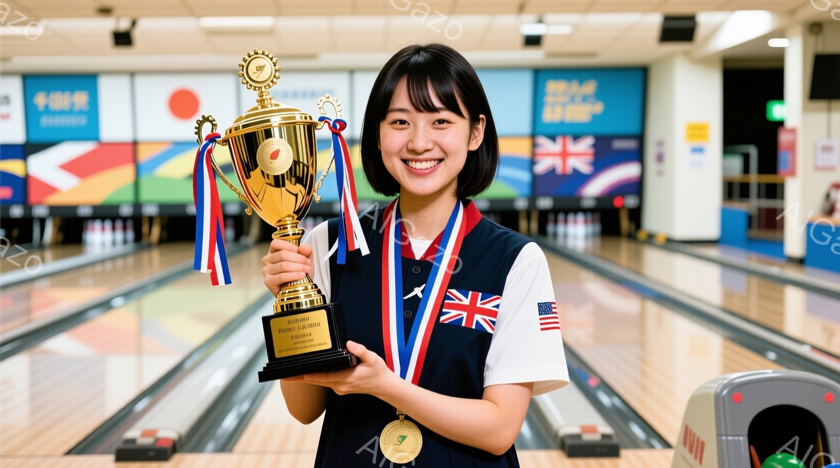 若い女性がボウリング場に立っており、大きなトロフィーを高く掲げています。彼女は紺色のポロシャツに黒いズボンを着用し、首には複数のメダルがかけられています。背景にはボウリングのレーンや国旗が飾られており、勝利を祝う活気ある雰囲気が伝わってきます。