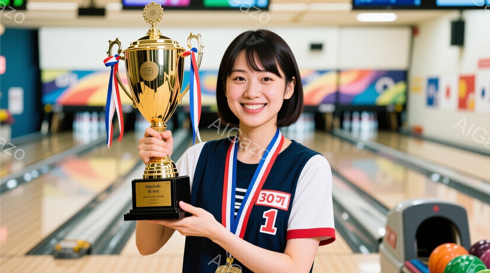 この女性はボウリング場にいて、大きな金色のトロフィーを両手で抱えています。彼女は紺色の縁取りのある白いボウリングシャツを着ており、首には赤いメダルがかけられています。背景にはカラフルなボウリングレーンと、色とりどりのボウリングボールが見え、明るく祝賀的な雰囲気が漂っています。