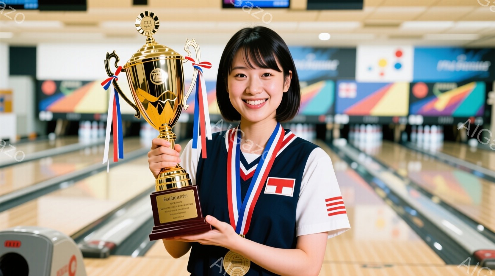 ボウリング場で優勝トロフィーを持つ若い女性が写っています。彼女は紺色の襟と赤いストライプが入ったポロシャツを着ており、髪は短くダークブラウンで、顔は笑顔で輝いています。背景はボウリングレーンとカラフルな装飾で、彼女は自信と喜びにあふれた雰囲気で立っています。
