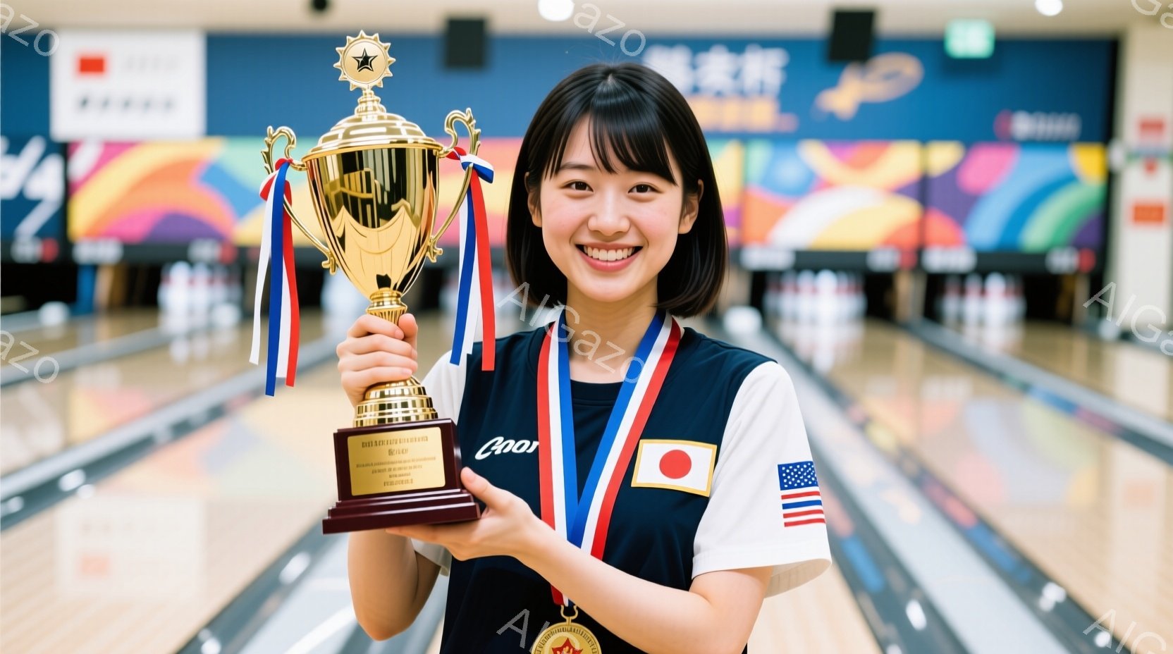 ボウリングのピンとトロフィーを手にしている女性が写っています。彼女は黒髪のショートヘアで、白いボウリングシャツに日本国旗と他の国旗がプリントされたネクタイを着用し、満面の笑顔を浮かべています。背景はボウリング場であり、カラフルなレーンと他のプレーヤーが見え、勝利を祝う喜びにあふれた雰囲気です。