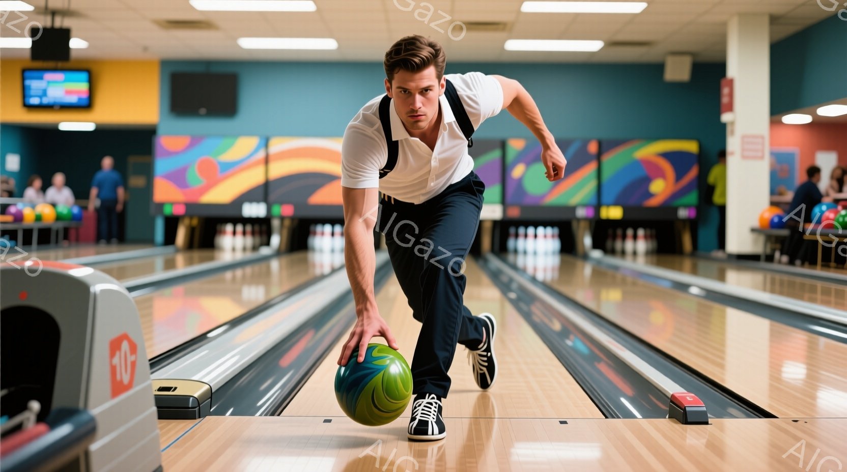 ボウリングのレーンを男性がボールを投げるために歩いている様子が写っています。白のシャツに濃い青色のズボンを着用し、黒髪を短くカットしています。背景には他のボウリング客やカラフルな装飾が見え、活気のあるボウリング場の雰囲気が伝わってきます。