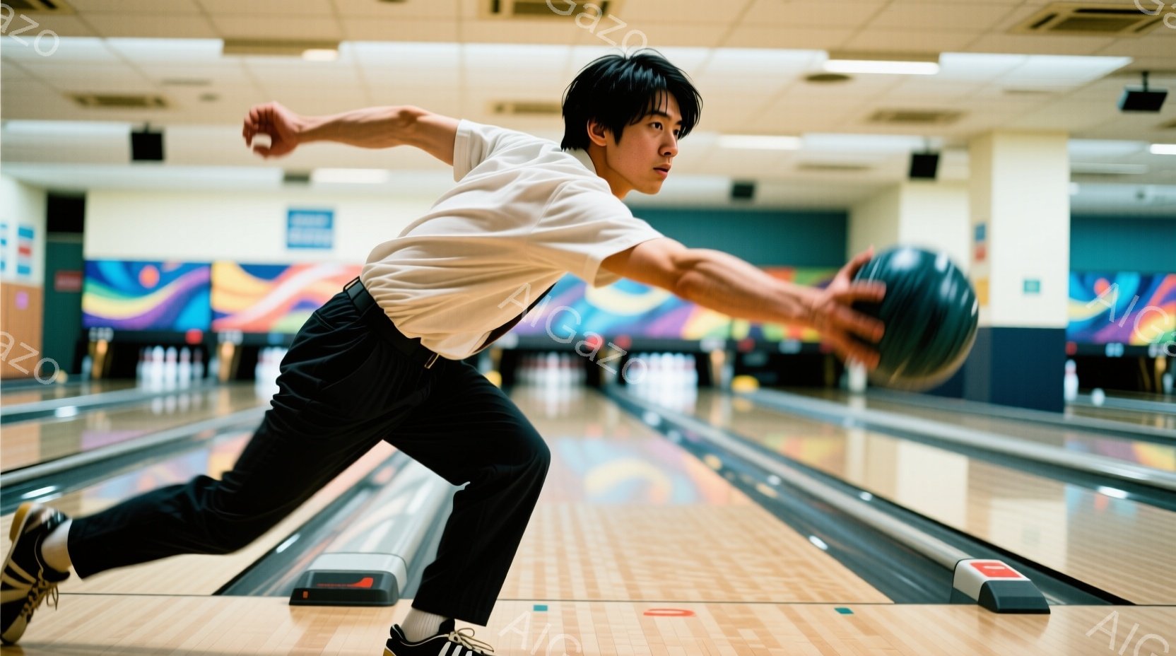 ボウリング場でボールを投げる男性が写っています。白いTシャツに黒いズボン、スニーカーを着用し、髪は短く整えられています。彼は右手にボールを持ち、力強くスイングしている姿勢で、集中した表情をしています。 - AI生成フリー素材