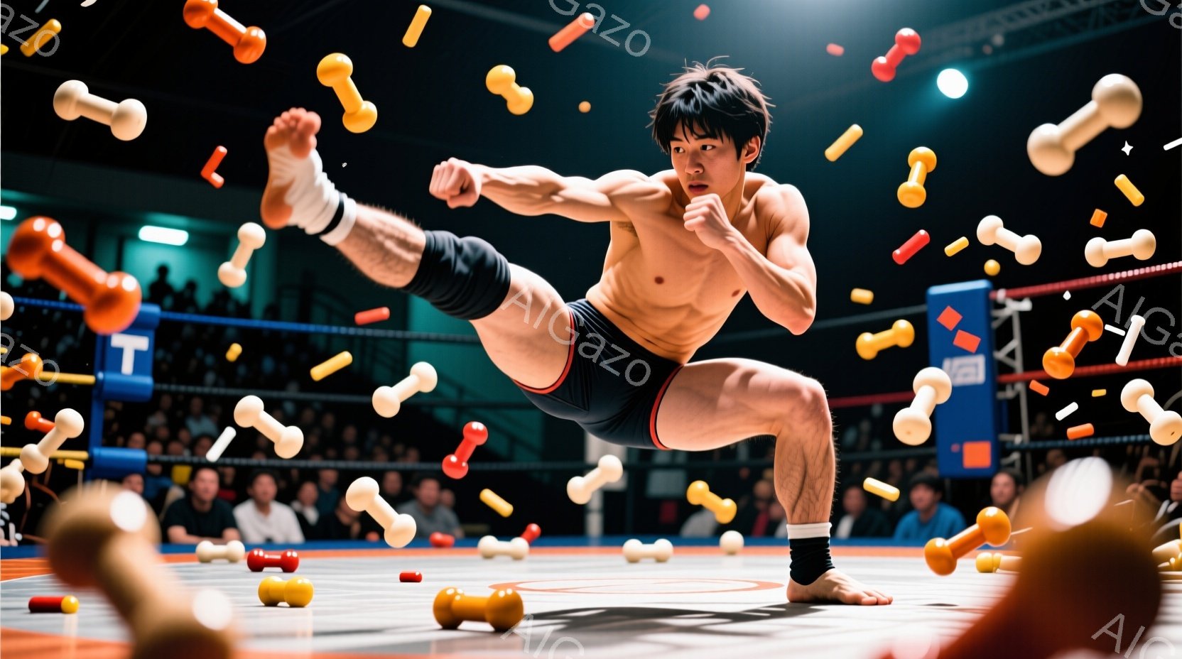 筋肉質な男性がリング中央でキックの構えをとっており、片足を大きく上げ、力強い表情で拳を握り締めている。背景にはぼやけた観客席とリングロープ、そして宙を舞うダンベルが多数写っており、活気と躍動感のある雰囲気を醸し出している。リングは青と赤の配色で、競技場らしさを強調している。