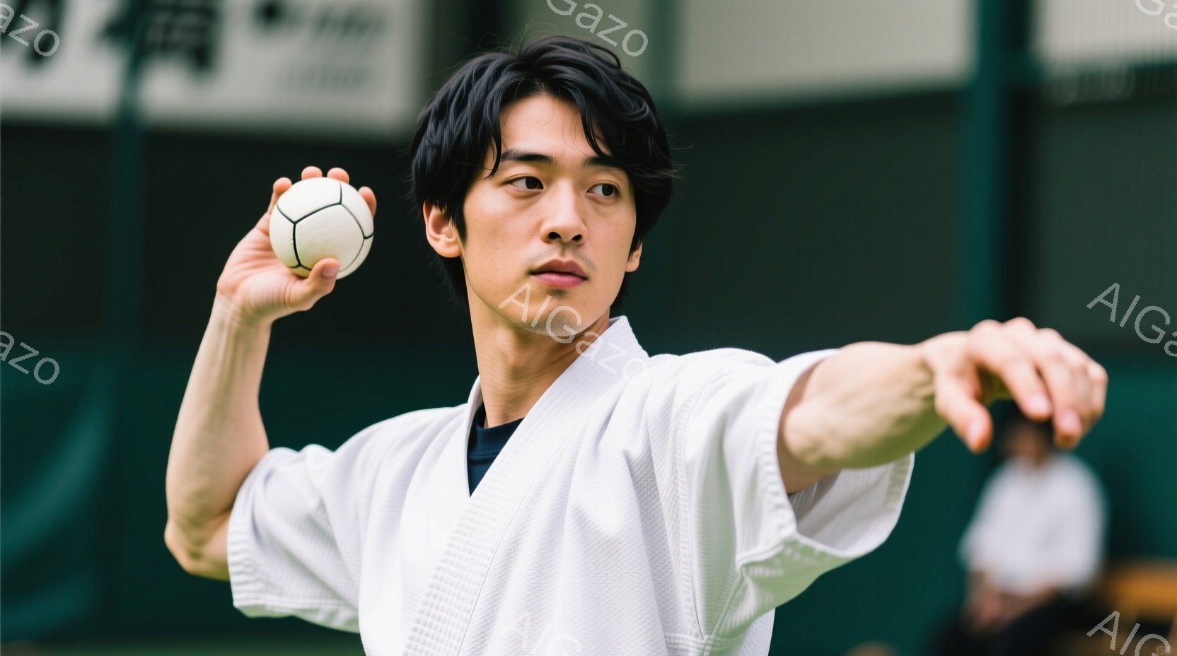 白い柔道着を着た若い男性が、正面を向き、右手に柔道のボール（またはボールのようなもの）を持って投げているようなポーズをとっています。彼の髪は短く、黒く、表情は真剣で集中しています。背景は緑色のコートのような場所で、他の人物と建物が見え、晴れた日の屋外の練習風景を思わせます。