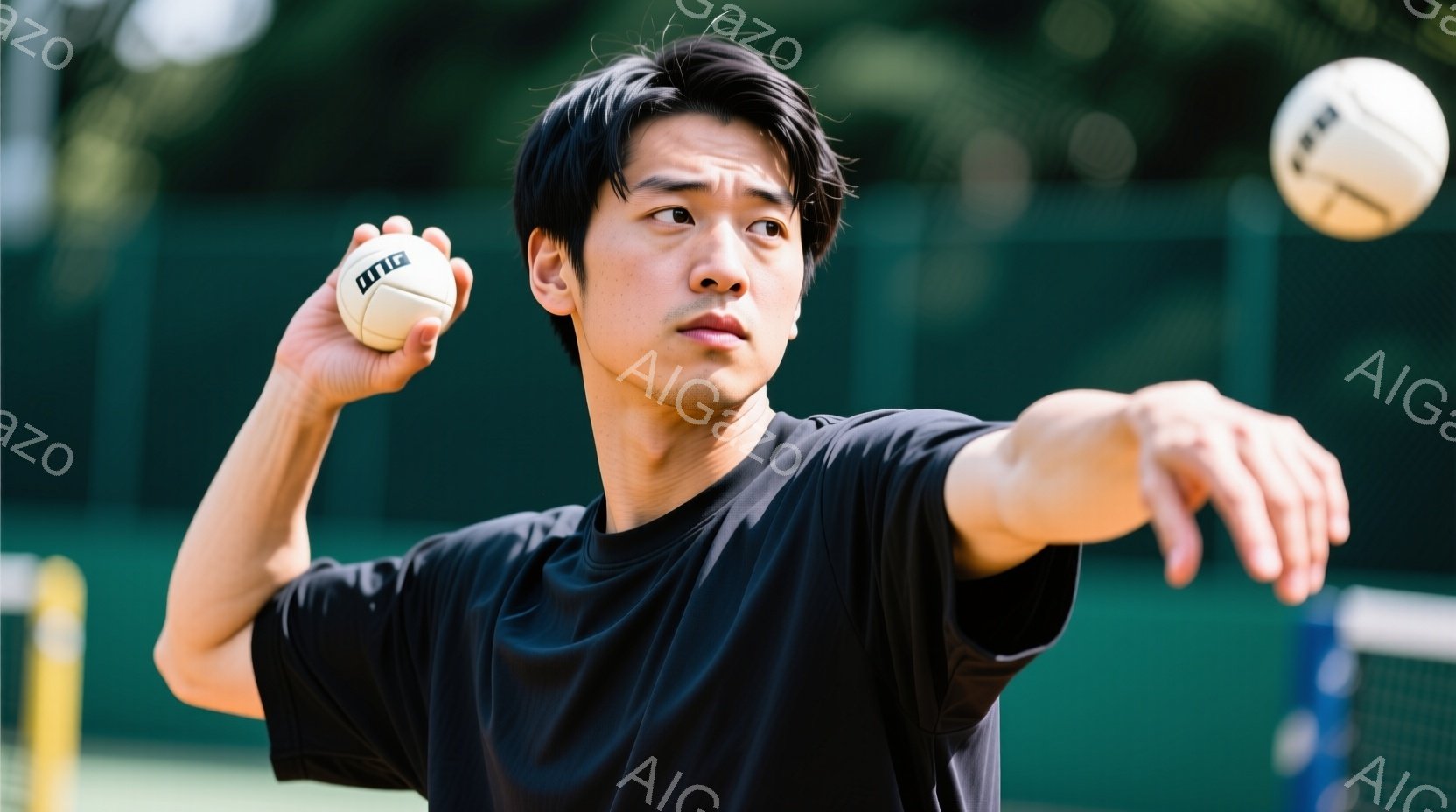 若い男性がテニスボールをサーブしようとしています。彼は黒いTシャツを着ており、短く整えられた黒髪に、集中した表情をしています。背景には緑色のテニスコートとぼやけた緑の木々が見え、晴れた日の屋外での活動を示唆しています。