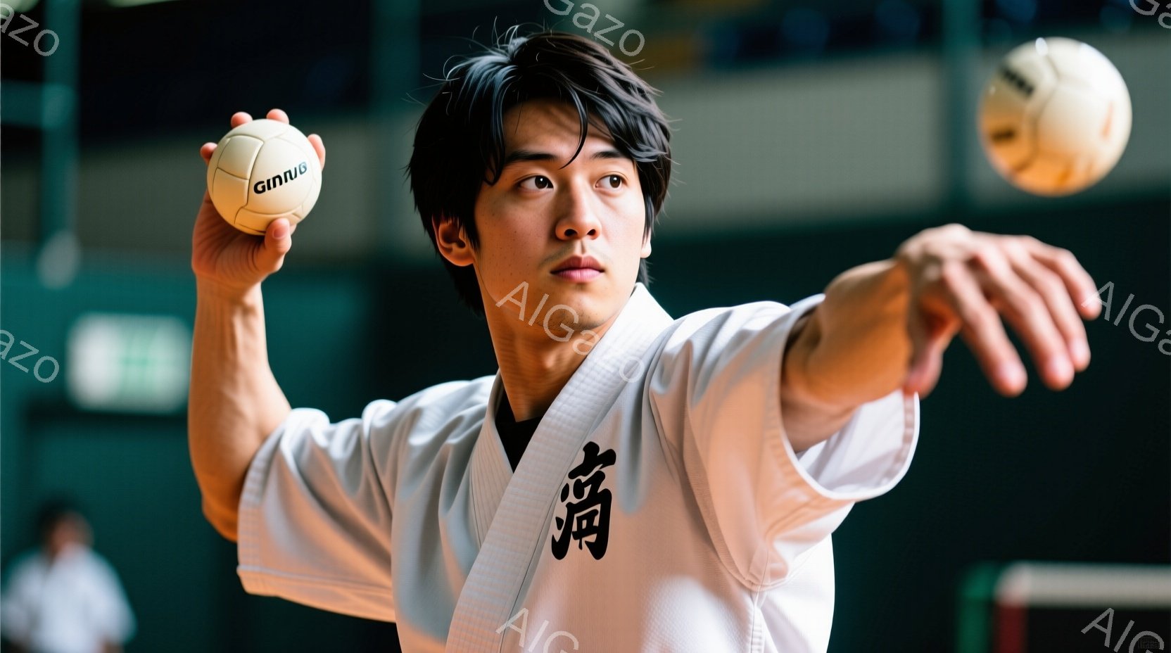 空手着を着た若い男性が、片手でボールを投げる直前の動作をしている。彼の表情は真剣で、集中している様子が伺える。背景は体育館のような室内で、他の人物もわずかに確認できるが、焦点は彼に当てられている。 - AI生成フリー素材