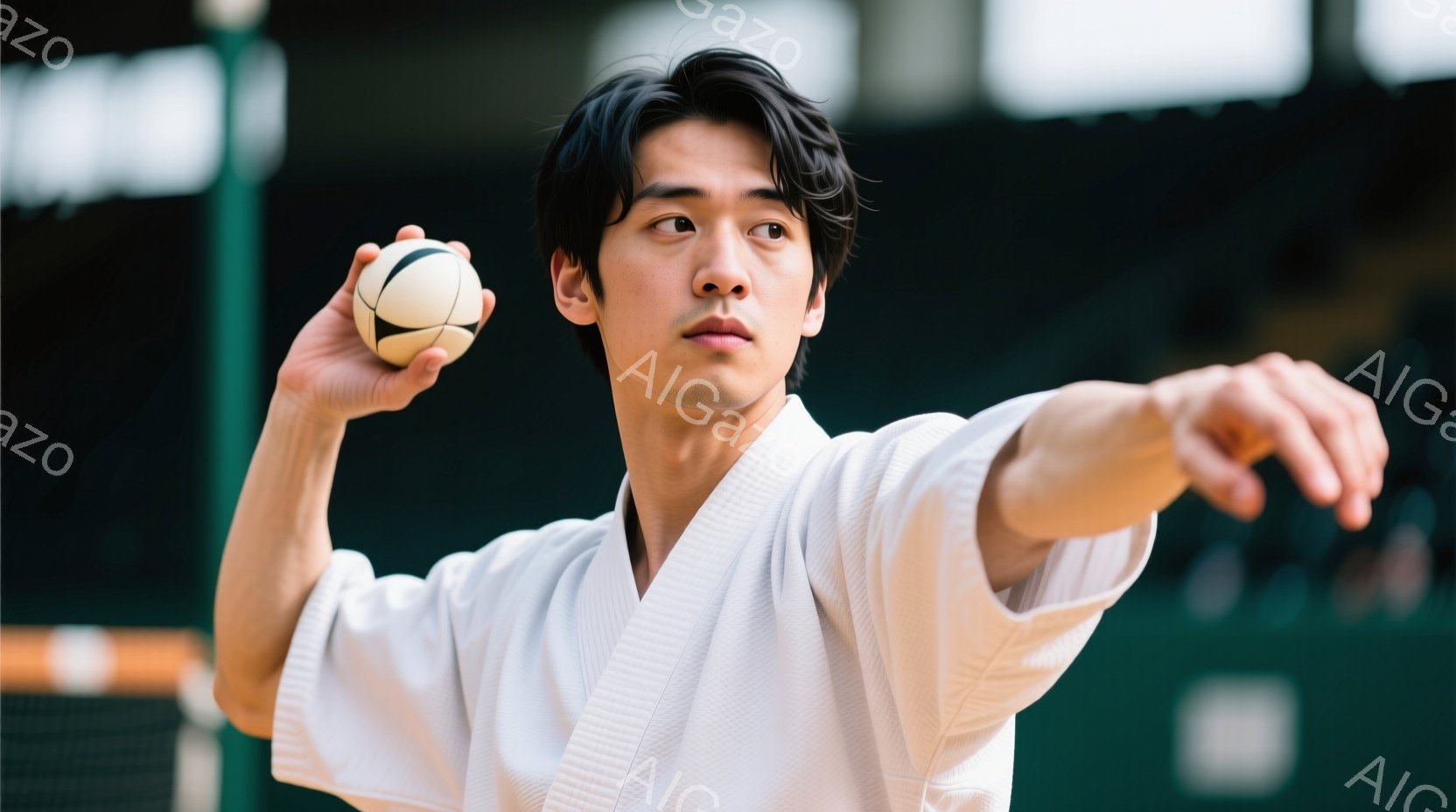 空手着を着た若い男性が、ボールのような物体を投げようとする瞬間を捉えた写真です。彼は黒髪で、真剣な表情で前を見据えています。背景は体育館のような室内で、観客席や壁が見えますが、全体的に少し暗く、集中し - AI生成フリー素材