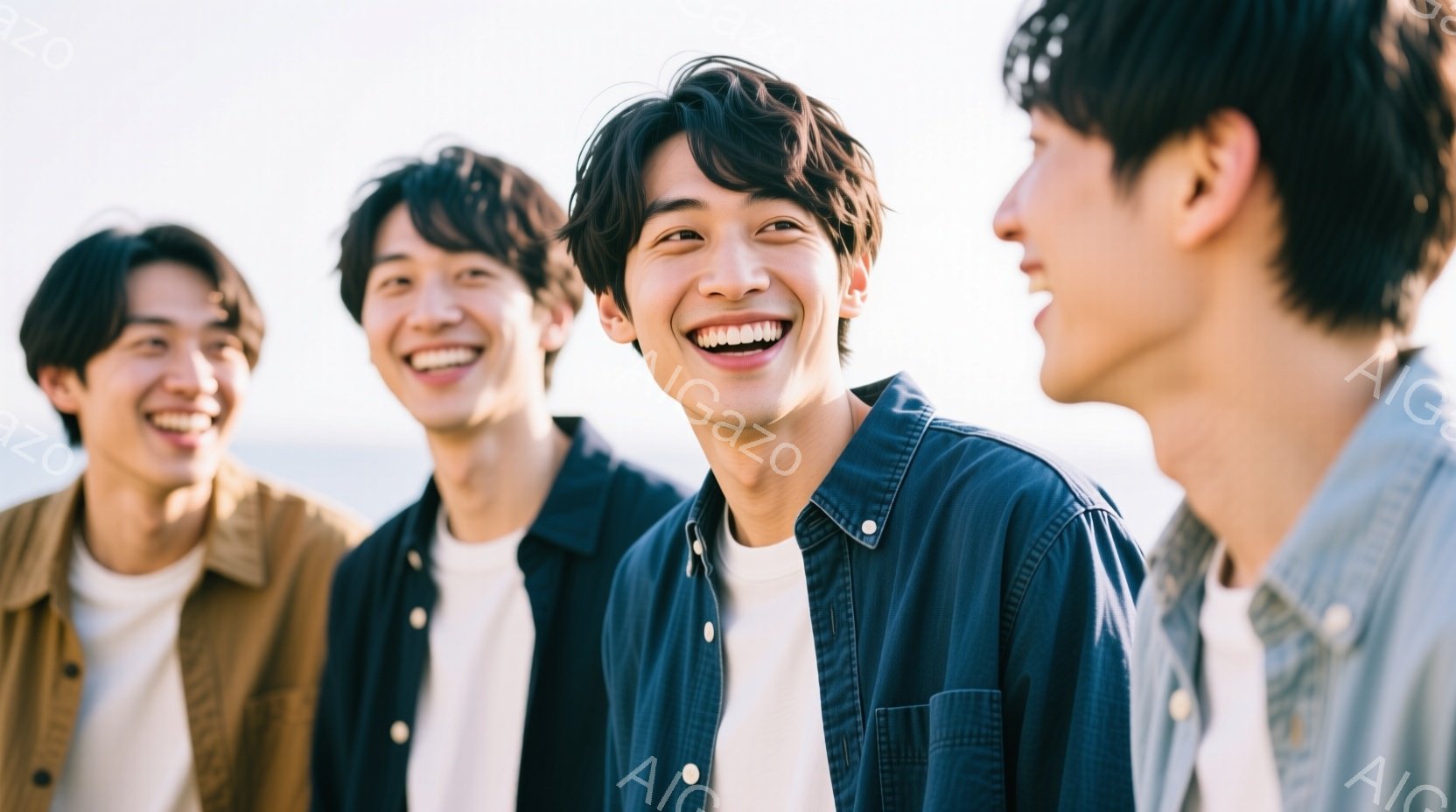 白いTシャツを着た若い男性4人が写っており、それぞれ異なる色のシャツやジャケットを羽織っています。彼らは皆笑顔で、互いに親しげな様子が伺えます。背景は明るい空とぼやけた自然で、全体的に暖かく、楽しい雰 - AI生成フリー素材