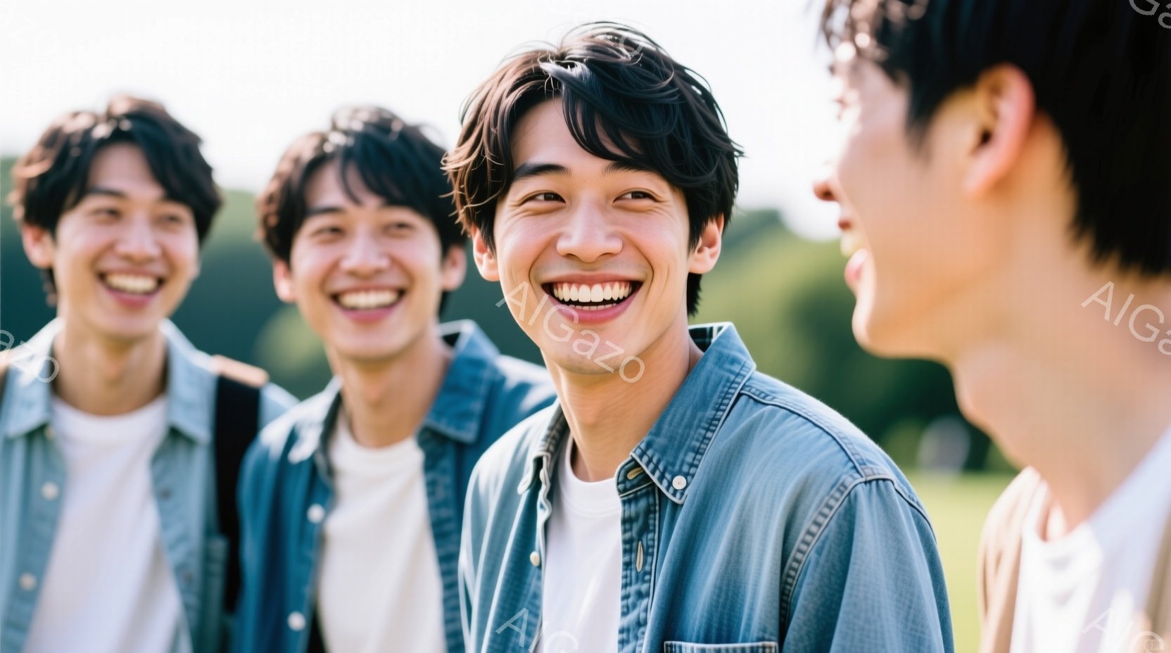 4人の若い男性が写っており、皆笑顔で楽しそうな様子です。青いシャツを羽織った男性を中心に、白いTシャツを着ています。背景には緑豊かな自然が広がり、晴天で明るい日差しが差し込み、全体的に温かく親しみやす - AI生成フリー素材