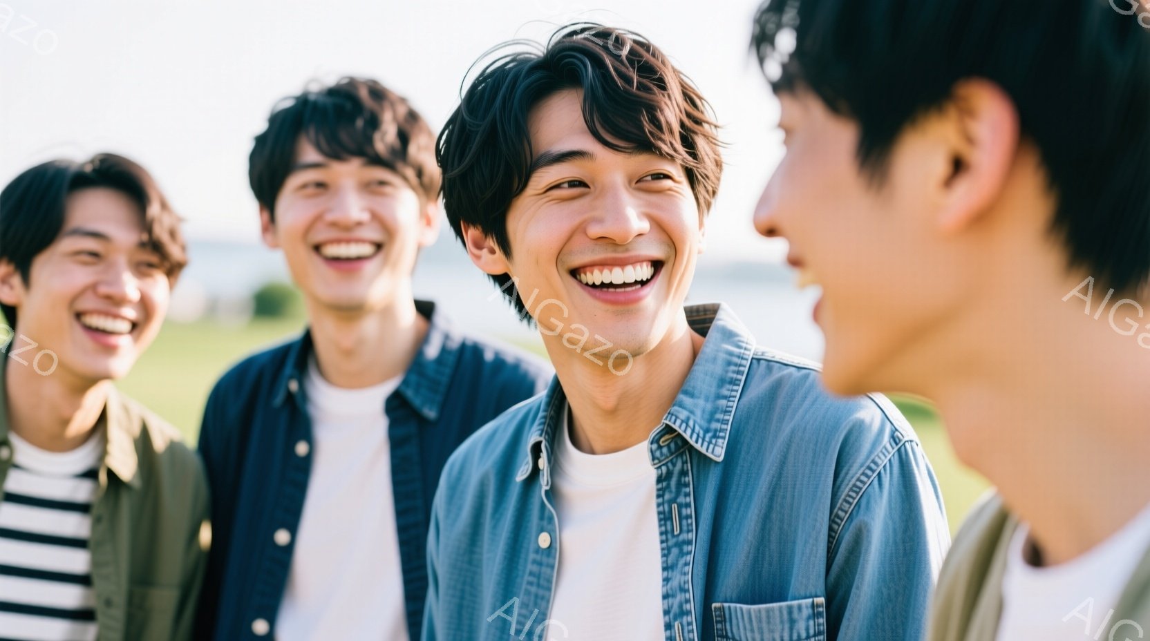 画面には、青いシャツを着た笑顔の男性が写っており、彼の隣には紺色のシャツを着た男性が、さらにその隣にはベージュのジャケットを着た男性が立っています。全員が笑顔で、親しげな雰囲気で、背景には緑豊かな草地 - AI生成フリー素材