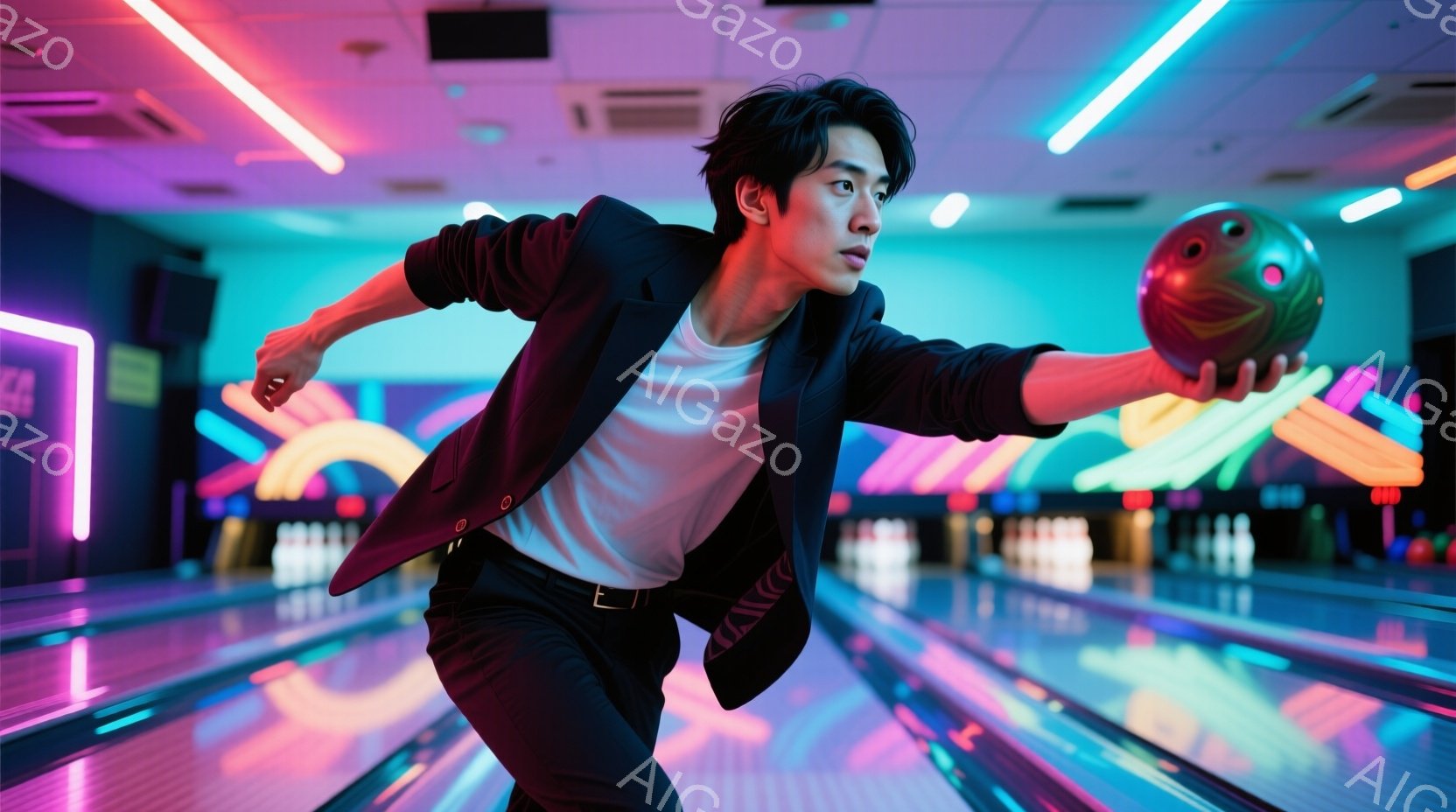 ボウリング場で、白いTシャツに黒いジャケットとズボンを着用した若い男性が、ボウリングのボールを投げる動作をとっています。彼の髪は短く、少しウェーブがかかり、表情は集中しており、投球に集中している様子が伺えます。背景はカラフルなネオンライトで照らされたレーンで、活気があり、エネルギッシュな雰囲気を醸し出しています。