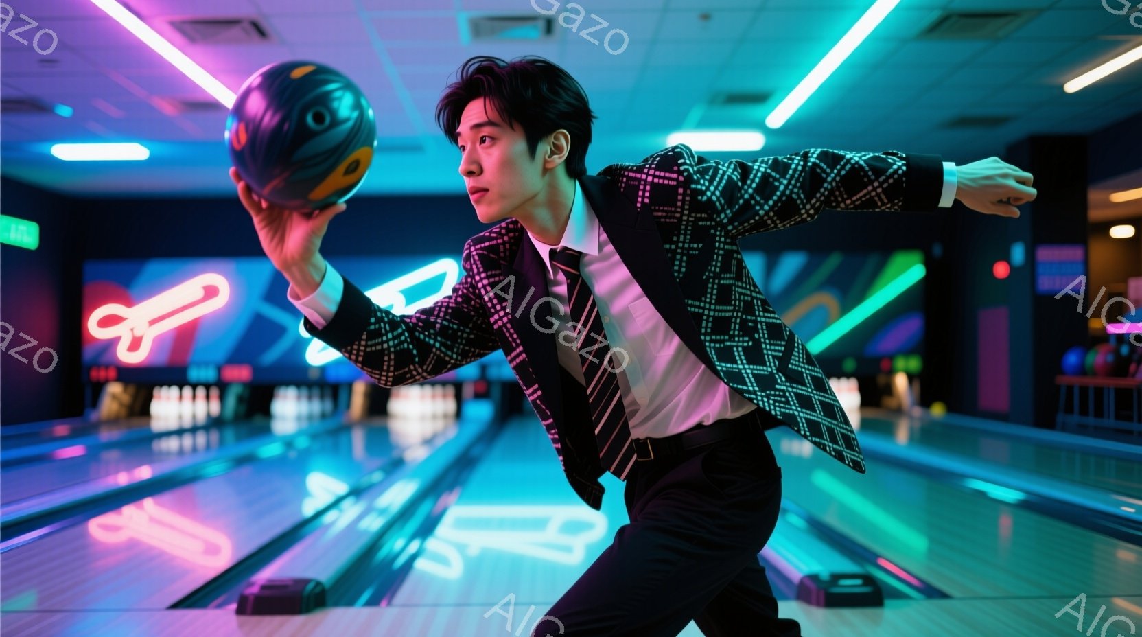 ボウリング場にて、チェック柄のジャケットと白いシャツ、黒いネクタイを着用した男性が、力強くボールを投げる構えを取っています。彼は少し前かがみになり、左足を大きく踏み出して、全身を使ってボールをリリースしようとしています。背景は鮮やかなネオンライトで照らされたレーンと、ぼやけた観客席が見え、活気のあるボウリング場の雰囲気を伝えています。