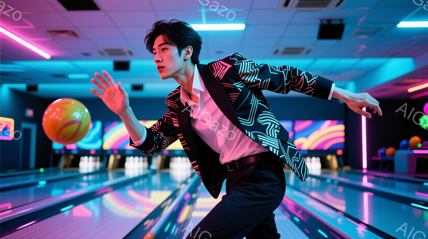 若い男性がボウリング場でボウリングのボールを投げようとしている瞬間を捉えた写真です。彼は白のシャツに、幾何学模様が印象的な黒いジャケットを羽織り、黒いズボンを履いています。背景はネオンカラーに輝くボウリング場であり、躍動感とスタイリッシュな雰囲気を醸し出しています。
