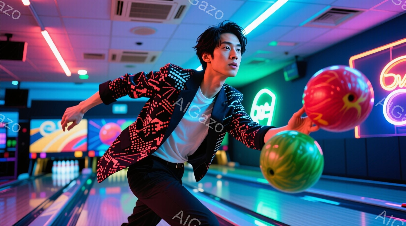 若い男性がボウリングのレーンでボウリングのボールを投げる直前の姿勢をとっています。彼は白いTシャツに、幾何学模様の黒いジャケット、黒いズボンを着用しており、髪は無造作にとかしたスタイルです。背景にはカラフルなネオンライトとボウリングのピンが見え、活気のあるボウリング場の雰囲気を感じさせます。