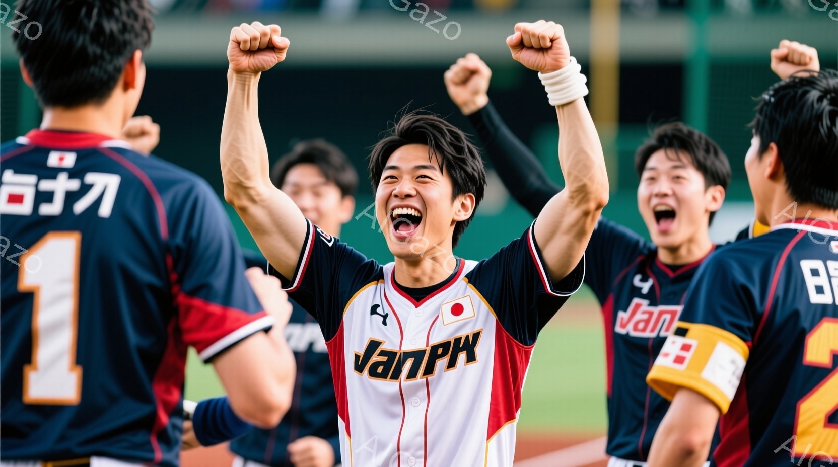 野球の試合で、ユニフォームを着た若い男性選手が両腕を高く上げ、歓喜の表情を浮かべている。ユニフォームは赤、白、黒を基調とし、胸には「JanP」のロゴ、袖には日本国旗のマークが付いている。背景には他の選手や観客席が見え、晴天のスタジアムで熱狂的な雰囲気が伝わってくる。