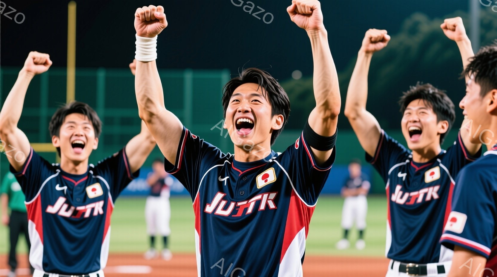 紺色の野球ユニフォームを着用した若い男性たちが、腕を高く上げて歓喜している様子が写っている。ユニフォームには赤いラインと胸にロゴがデザインされており、髪型は短髪で、顔には勝利の喜びが表れている。背景は野球場の観客席と夜空で、活気にあふれた勝利の瞬間を捉えている。