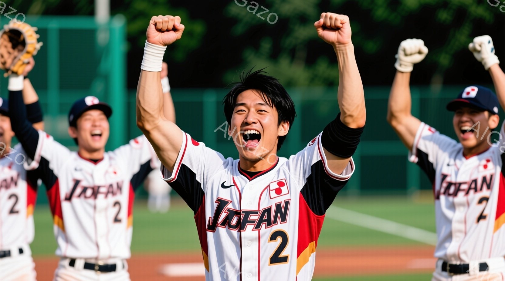 野球ユニフォームを着た若い男性たちが喜びの表情で腕を高く上げている。ユニフォームには「TOFAN」と書かれ、背中には「2」の数字、そして日本の国旗マークがデザインされている。背景は緑豊かな野球場であり - AI生成フリー素材