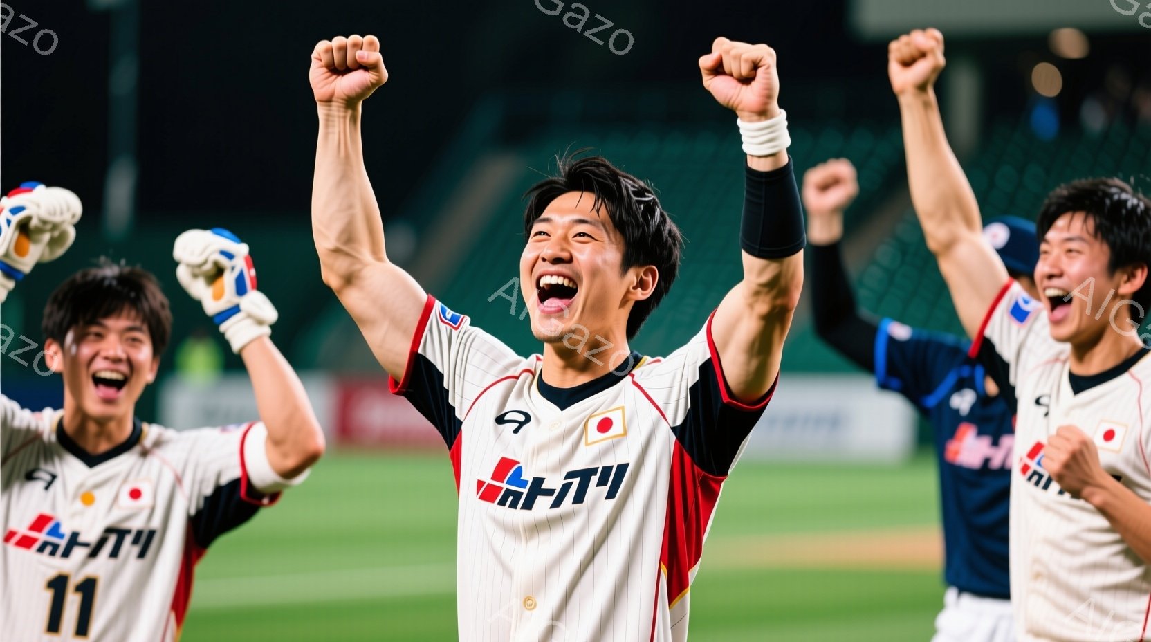 サッカー選手たちが緑の芝生の上で勝利を祝っている様子が写っている。彼らは白と赤のストライプが入ったユニフォームを着用し、腕には赤いバンドを巻いている。全員が両手を高く上げ、満面の笑みを浮かべており、背 - AI生成フリー素材