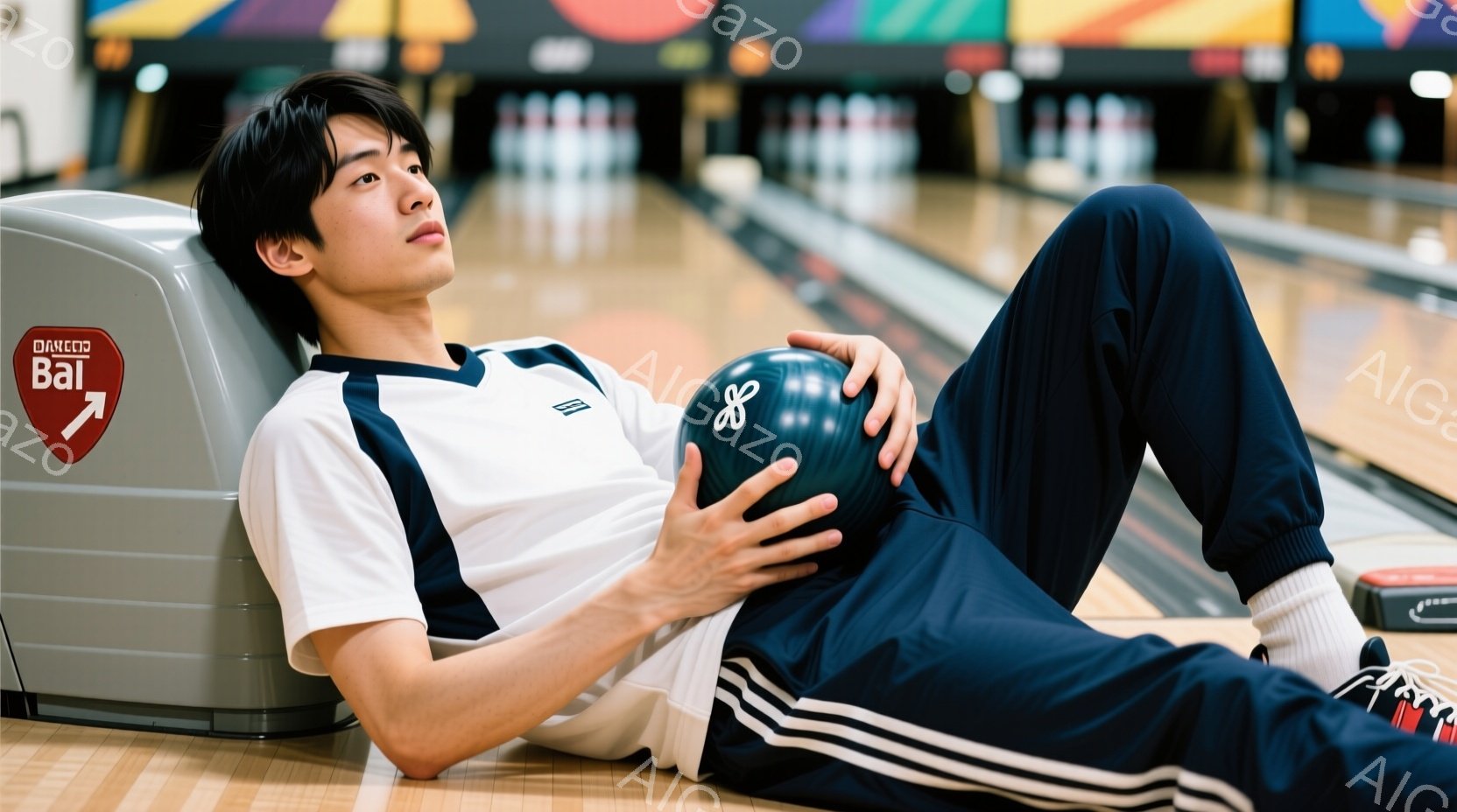 若い男性がボウリングのレーンで、膝を曲げて座り、片手にボウリングボールを持っている。彼は白い襟付きシャツに紺色のズボンを着用し、短く整髪された黒髪が特徴的で、リラックスした表情をしている。背景にはボウ - AI生成フリー素材