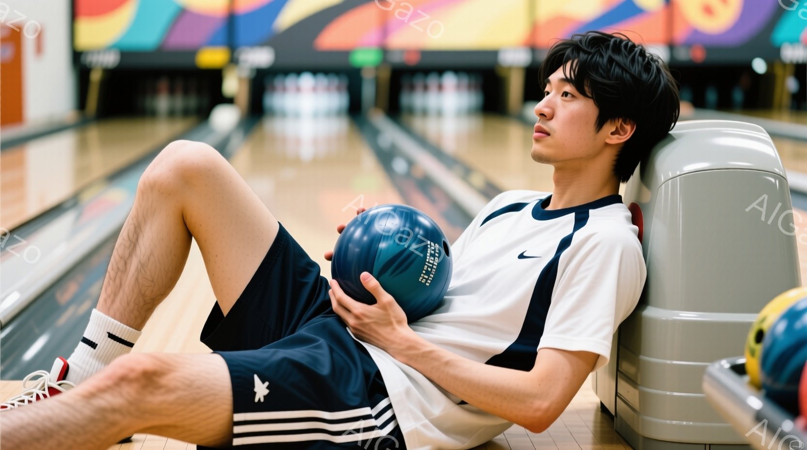ボウリング場のレーンに座る若い男性が写っています。白いポロシャツに紺色のハーフパンツ、白い靴下を履き、黒髪を無造作にまとめ、少し考え込んでいるような表情をしています。彼の傍らには紺色のボーリングボールがあり、背景には他のボールとレーンが伸びています。