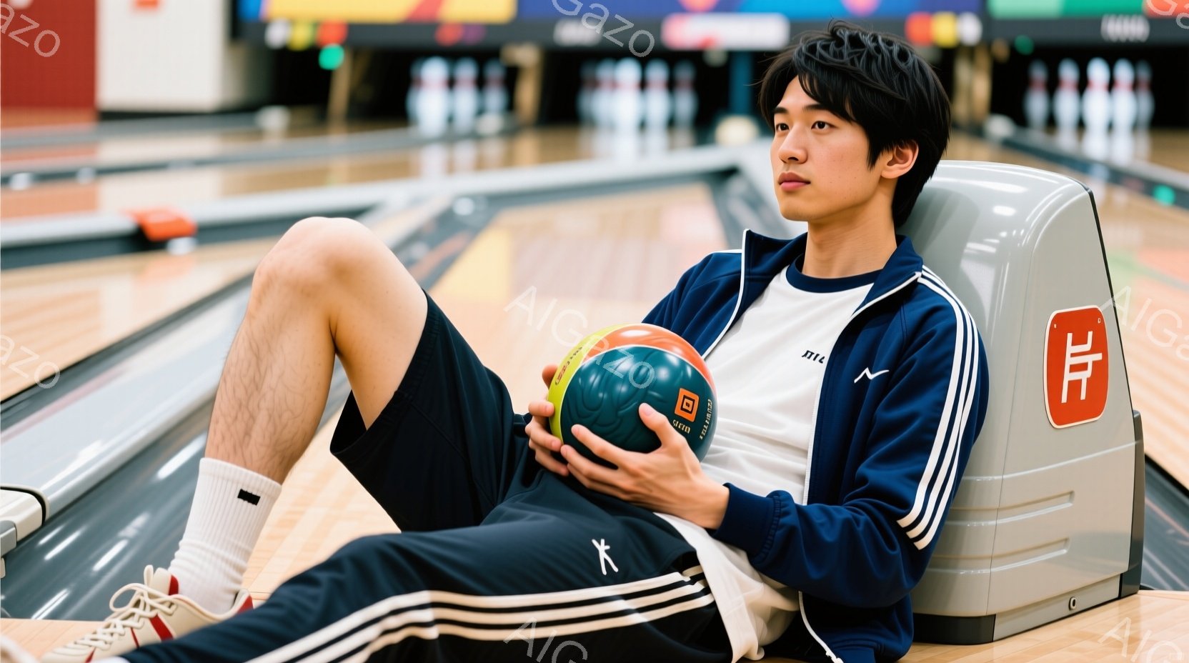 ボウリング場にいる若い男性が、膝の上にボウリングボールを抱え、リラックスした姿勢で座っています。彼は白いTシャツに青いトラックジャケット、そして短い黒髪で、少し憂いのある表情をしています。背景にはレーンが伸びており、鮮やかな照明が当たり、活気ある雰囲気です。