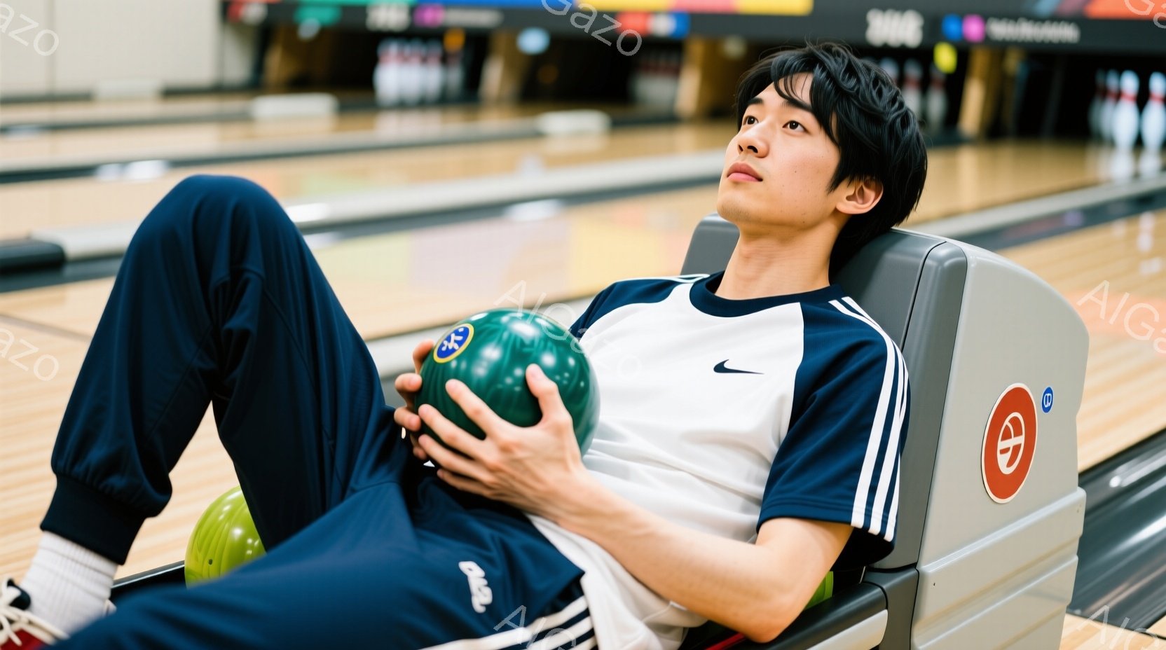 ボウリング場にいる若い男性が、座って緑色のボウリングボールを抱えています。彼は紺色のスリーストライプのズボンと白いポロシャツを着ており、黒髪を少し長く伸ばしています。リラックスした表情で、座席に深く腰掛け、ボウリングの準備をしている様子が伺えます。