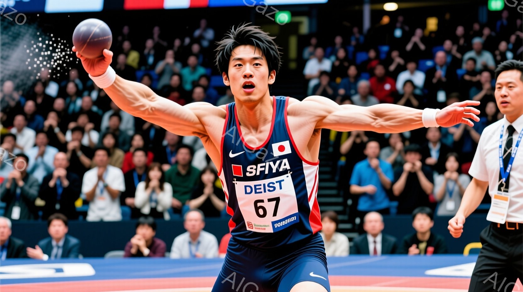 レスリングの試合中の男性選手が写っている。彼は日本代表のユニフォーム（赤と紺色のウェア、胸に「日本」の文字、背中に「DEIST 67」）を着用し、髪を短く整え、集中した表情で相手に組み付こうとしている - AI生成フリー素材