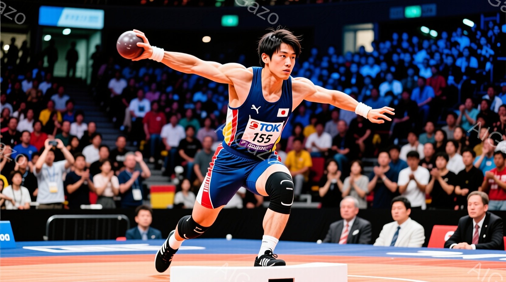 レスリングの試合中の男性競技者が写っている。青と赤の星条旗模様のユニフォームに、日本の国旗のワッペンが貼られており、髪は短く刈り上げられている。彼は左足を軸にして体をひねり、相手に技をかける直前の力強い姿勢を見せている。