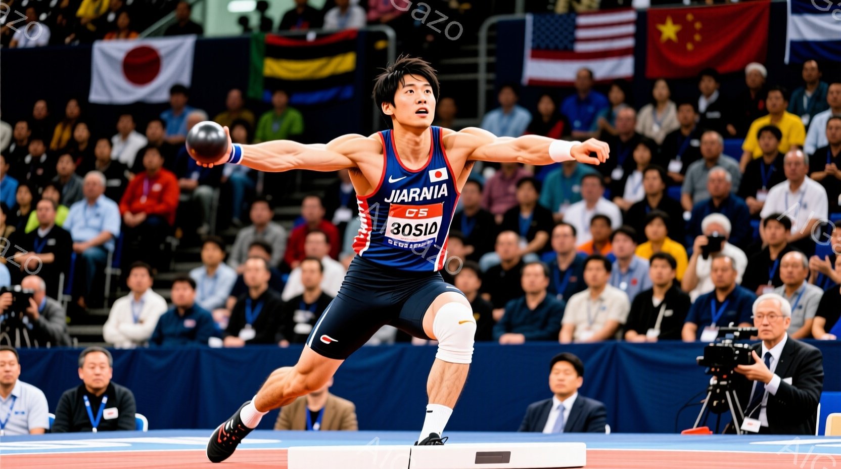 競技者は青と黒のタイツとショーツを着用し、競技に集中した表情で、円盤投げの最中です。彼の髪型は短髪で、力強く腕を振りかぶり、円盤を投げ出す瞬間の姿勢が捉えられています。背景には観客席が広がり、様々な国 - AI生成フリー素材