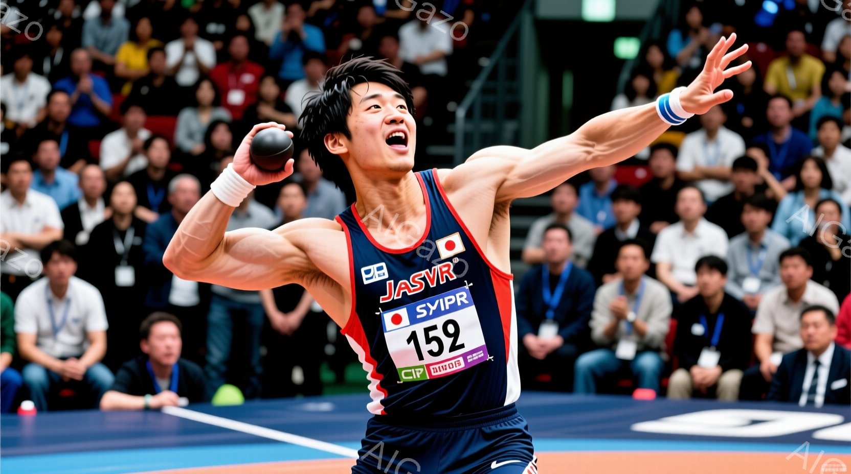 競技者は赤いユニフォームと黒いショートパンツを着用し、力強く円盤投げを行っています。彼の表情は集中と努力に満ちており、筋肉質な体つきがよくわかります。背景には観客席が広がり、競技場の活気ある雰囲気が伝わってきます。
