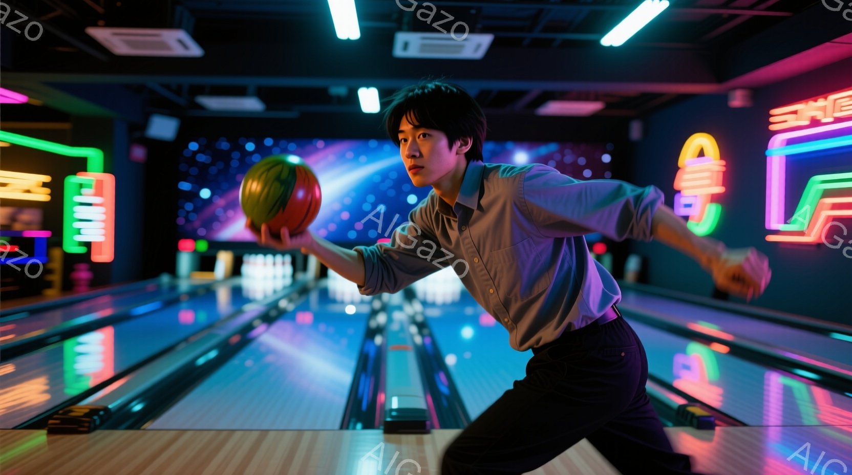 若い男性がボウリングの球を投げようとしている瞬間を捉えた写真です。彼は薄いブルーのシャツと黒いズボンを身につけ、短く整えられた黒髪で、集中した表情をしています。背景はカラフルなネオンライトで照らされた - AI生成フリー素材