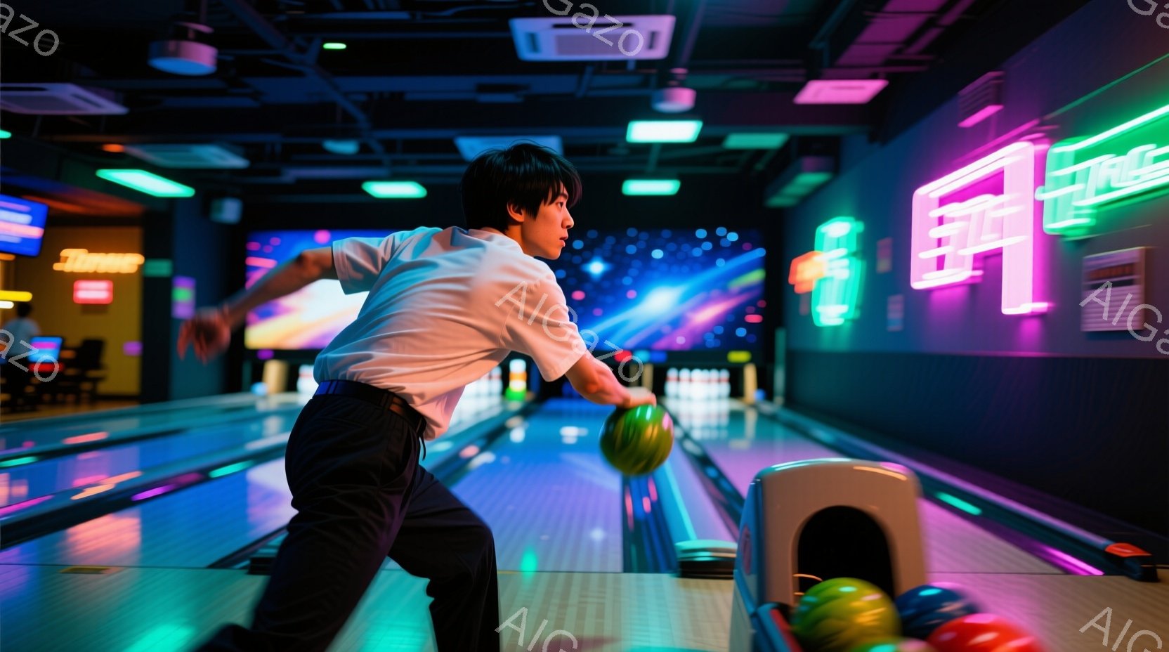 ボウリング場で、男性がボウリングのボールを投げる瞬間を捉えた写真です。彼は白シャツに濃い色のズボンを着用し、短髪で少し前かがみの姿勢をとっています。背景はネオンライトで照らされ、鮮やかな色彩が躍動感を演出し、賑やかなボウリング場の雰囲気を伝えています。