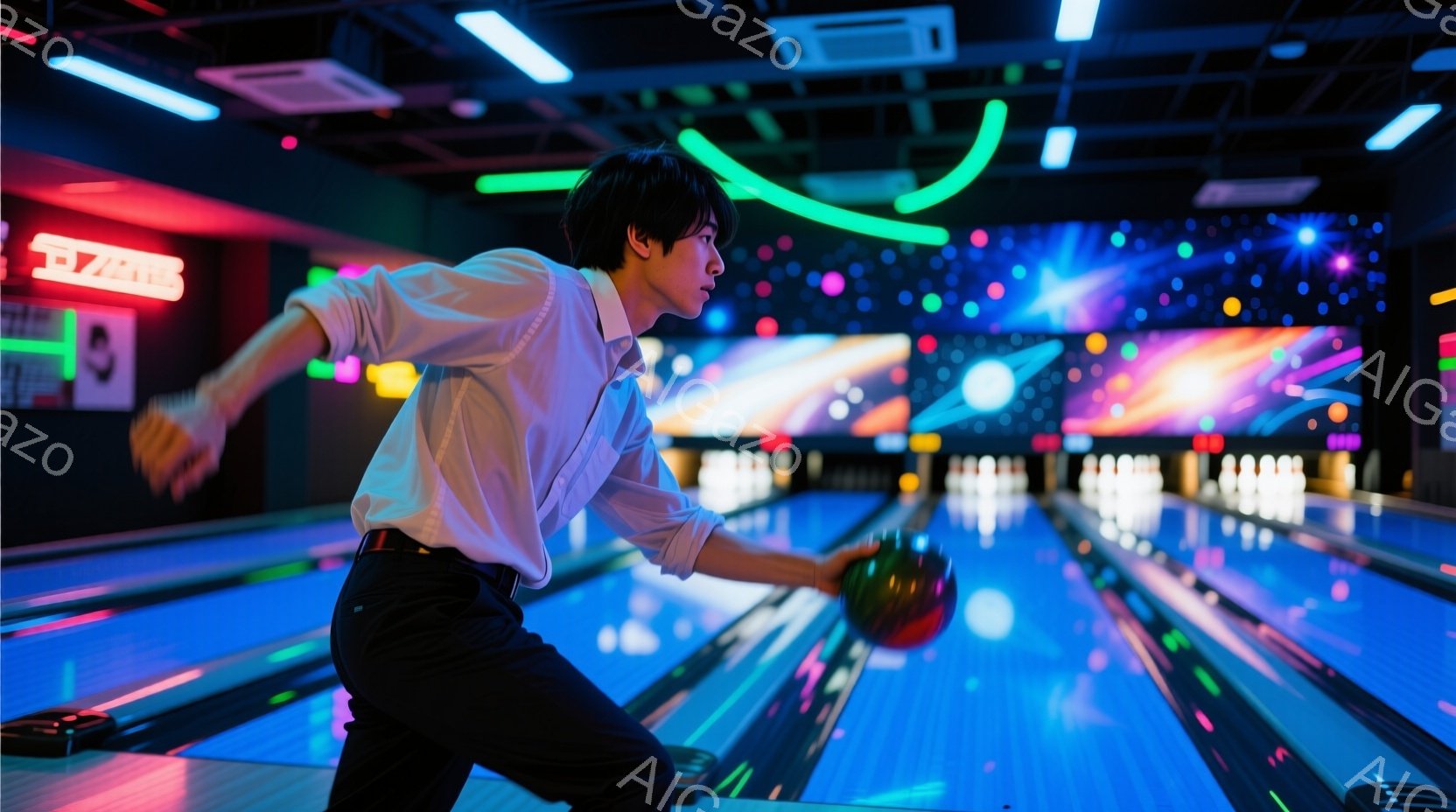 ボウリング場にいる若い男性が、ボールを投げる直前の瞬間を捉えた写真です。白いシャツに黒いズボンを着用し、少し前かがみの姿勢で、集中した表情をしています。背景には、明るい光が点在するレーンと、カラフルな照明が映り込み、活気のある雰囲気を醸し出しています。