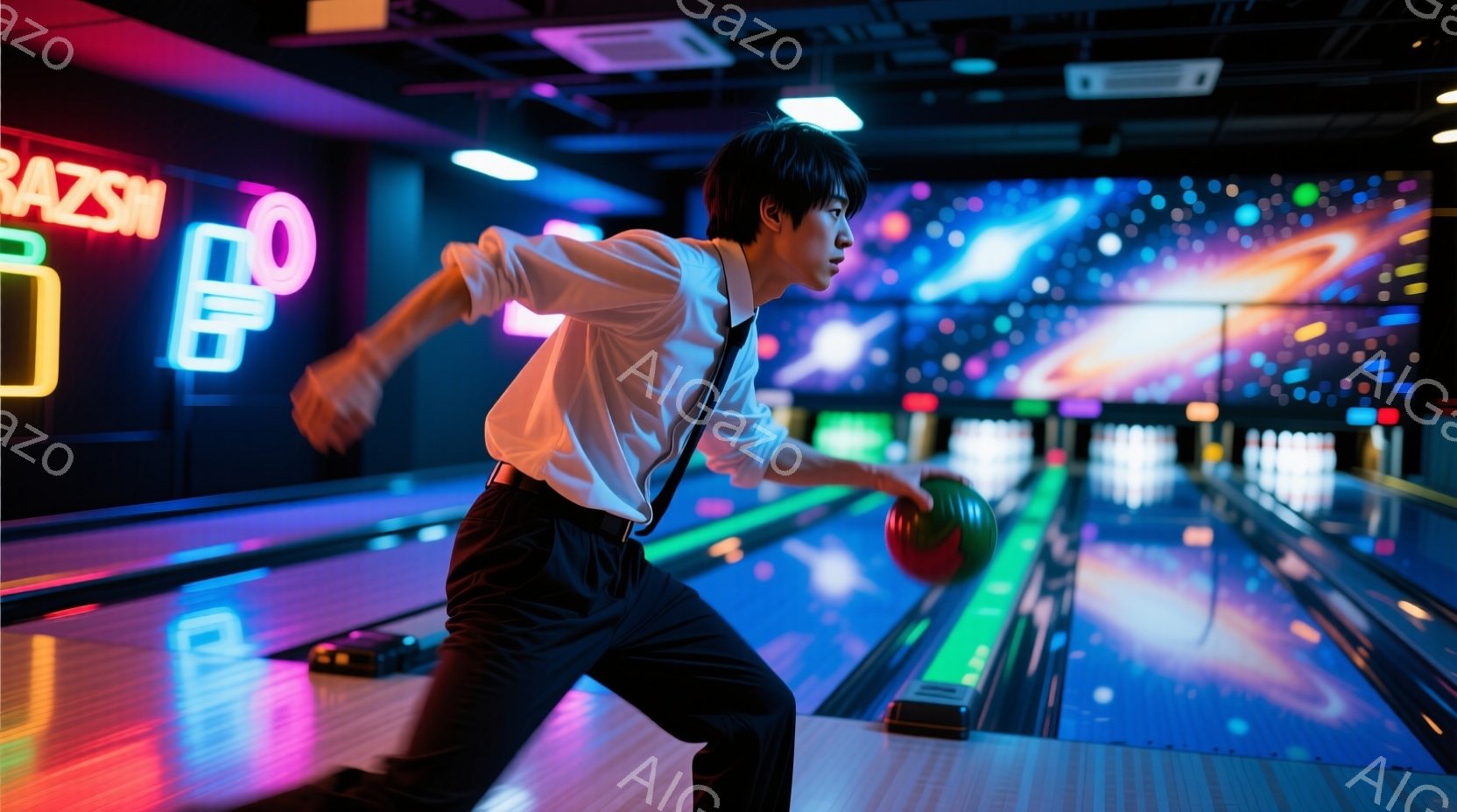 男はボウリングのレーンでボールを投げようとしており、ネイビーのパンツと白いシャツ、ネクタイを着用しています。彼の髪は短く、前髪が少し落ちています。背景には、カラフルな照明とぼやけたレーンが広がり、活気ある雰囲気です。