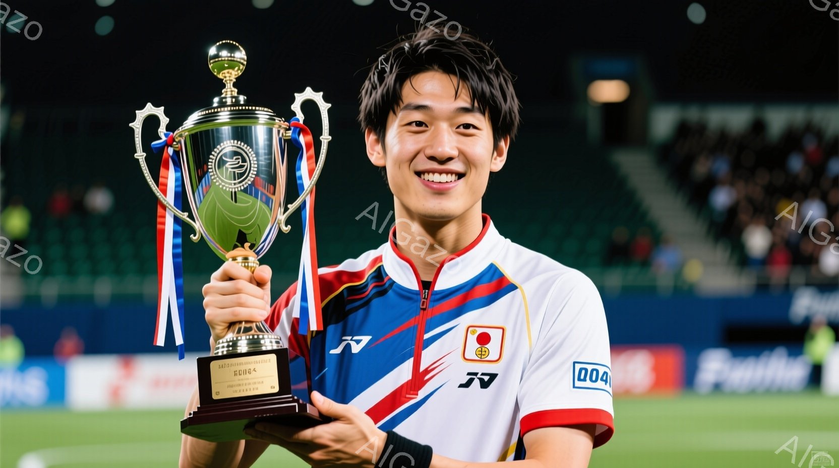 男性選手がポジティブな表情で大きなカップを手に持って、サッカー場のピッチ上で撮影されています。彼はスポーツウェアを着ており、髪はショートカットで、表情は微笑で明るく、背景は夜になっています。