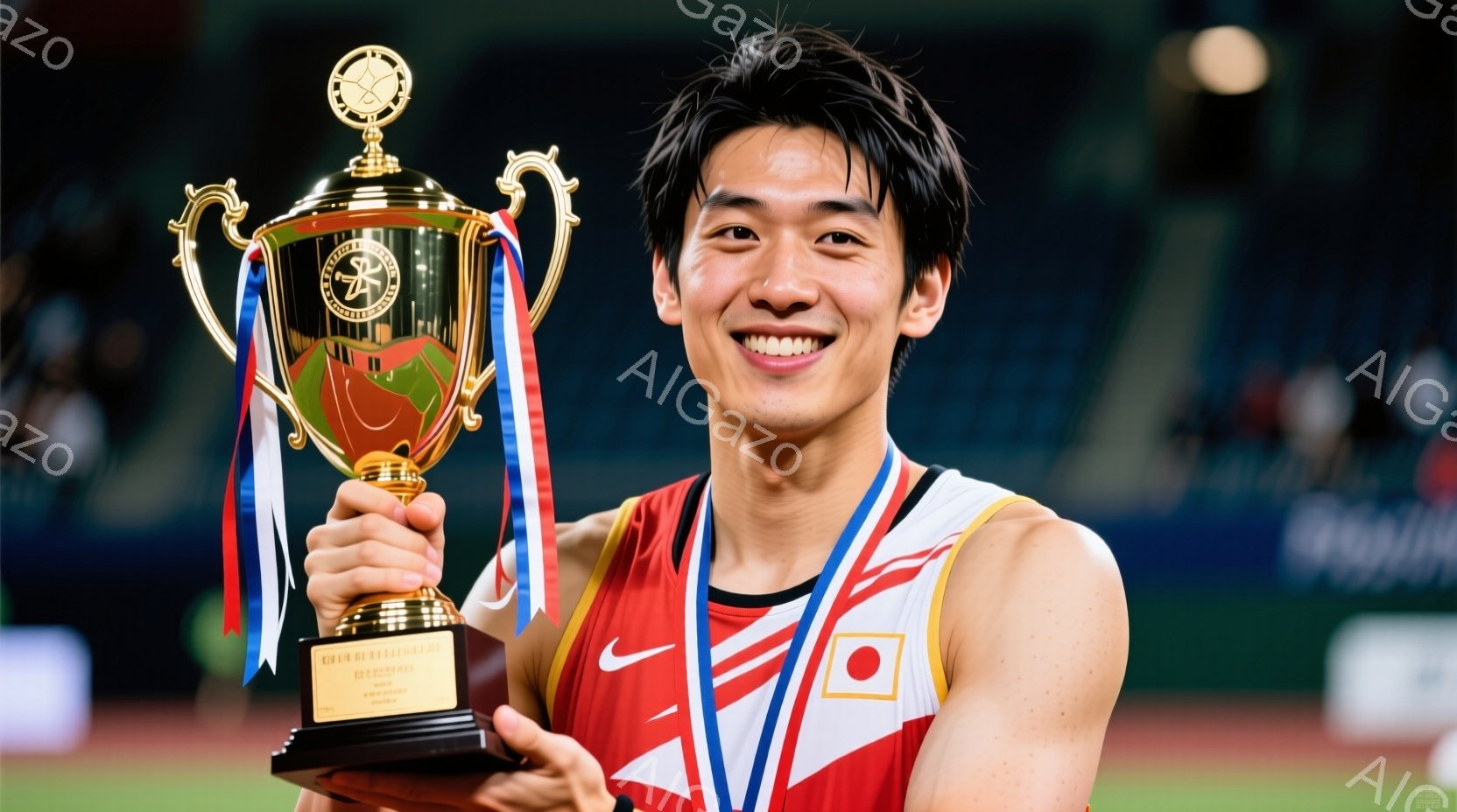 若い男性アスリートが、トロフィーとメダルを手に満面の笑みを浮かべている。彼は赤いタンクトップと黒いショーツを着用し、髪は短く整えられている。背景は競技場の観客席と照明で、勝利と祝賀の雰囲気が漂っている - AI生成フリー素材